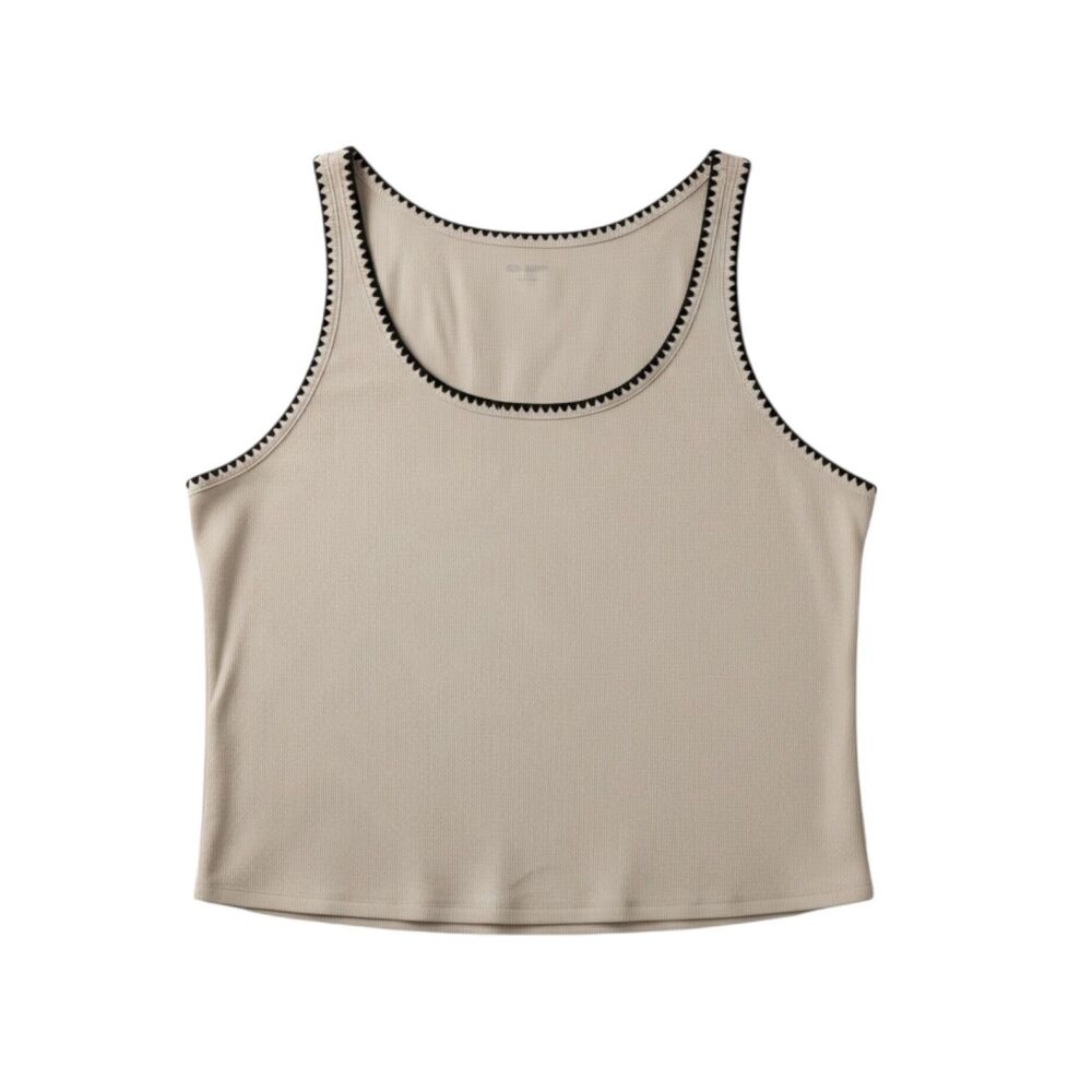 Old Navy Tank Top Shirt Rib Knit Blouse Contrast Trim Beige Brown 4X